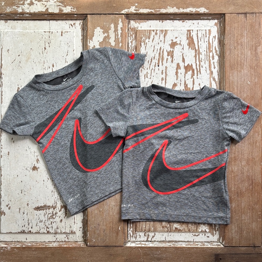 Nike Dri-Fit Kids Gray Tee with Red Swoosh - Twins